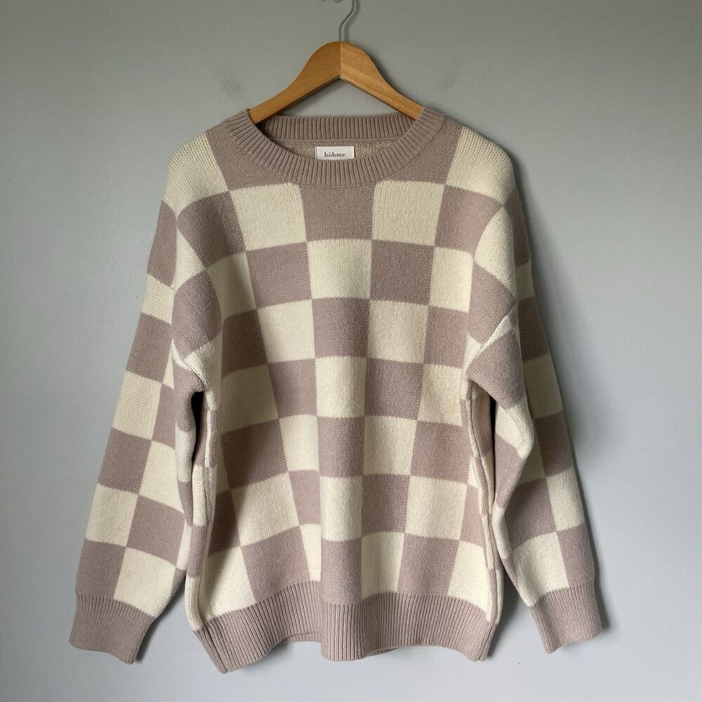 Bohme Boutique Knit Boho Sweater Crewneck Checkered Pattern Brown Cream Size Med